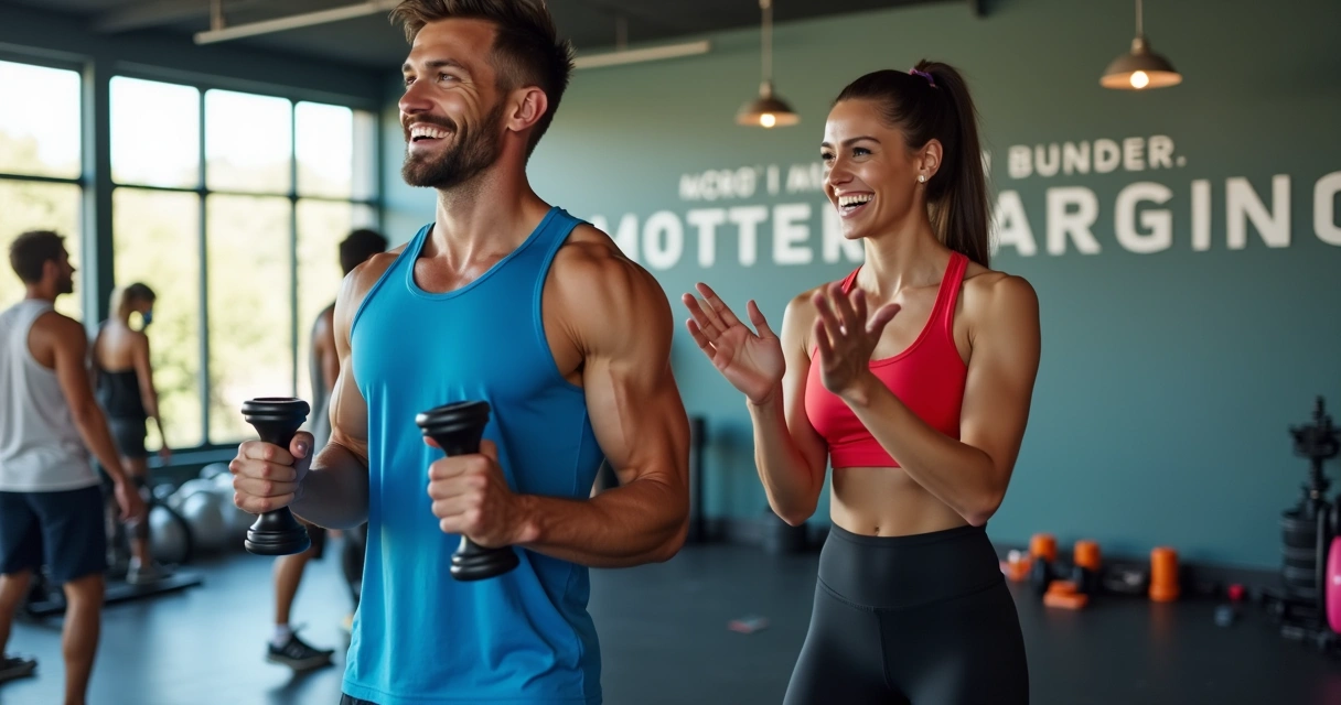 Dois parceiros de treino levantando pesos juntos em uma academia iluminada e animada.