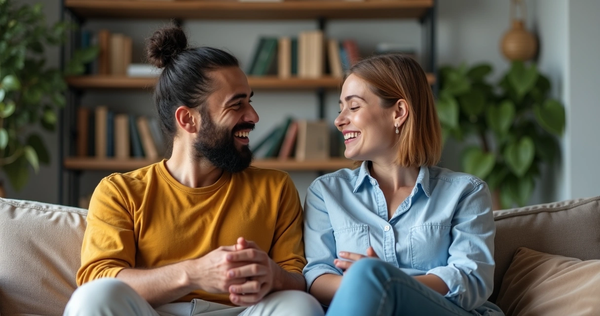 Dois parceiros sentados em sofá discutindo prevenção sexual de forma tranquila 