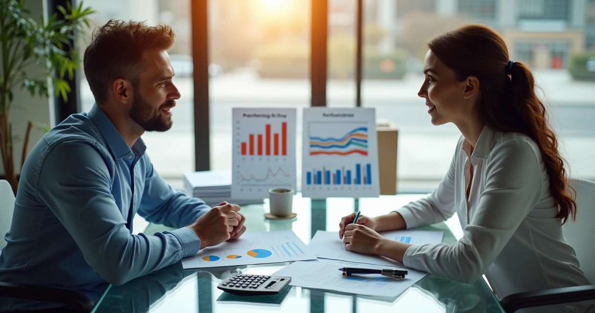 Parceiros de negócios discutindo gráficos de KPIs na mesa de reunião