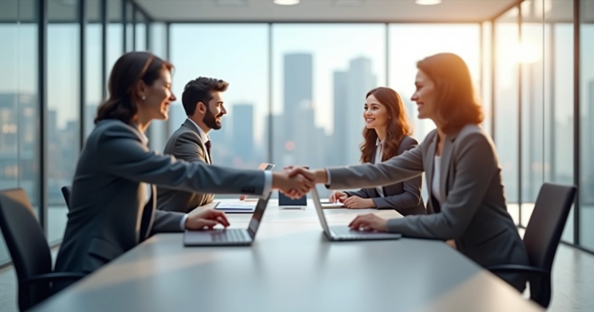 Script de primeiro contato para recrutar parceiros via cold outreach Profissionais de empresas diferentes apertando as mãos em sala de reunião