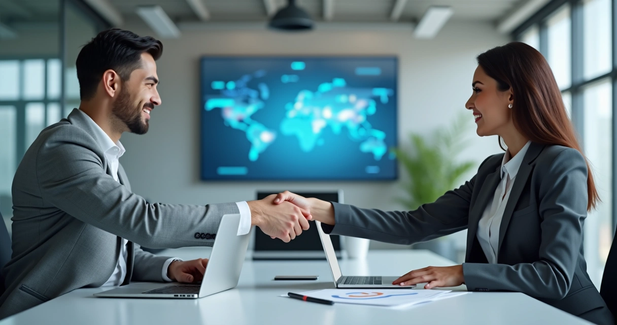 Dois empresários fechando acordo de parceria em mesa de reunião. 