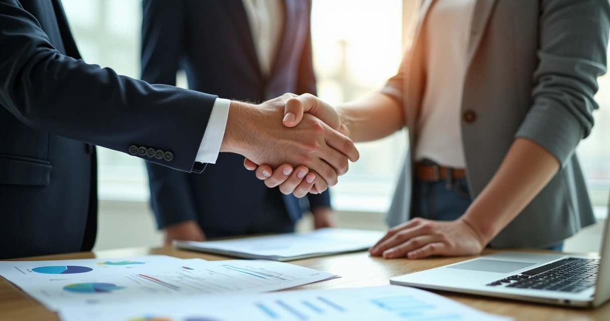 Dois empresários apertando mãos sobre contratos e laptops 