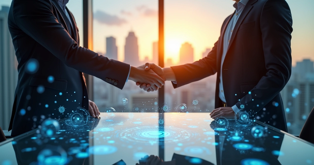 Duas pessoas apertando as mãos em um escritório moderno com elementos digitais de inteligência artificial ao redor 