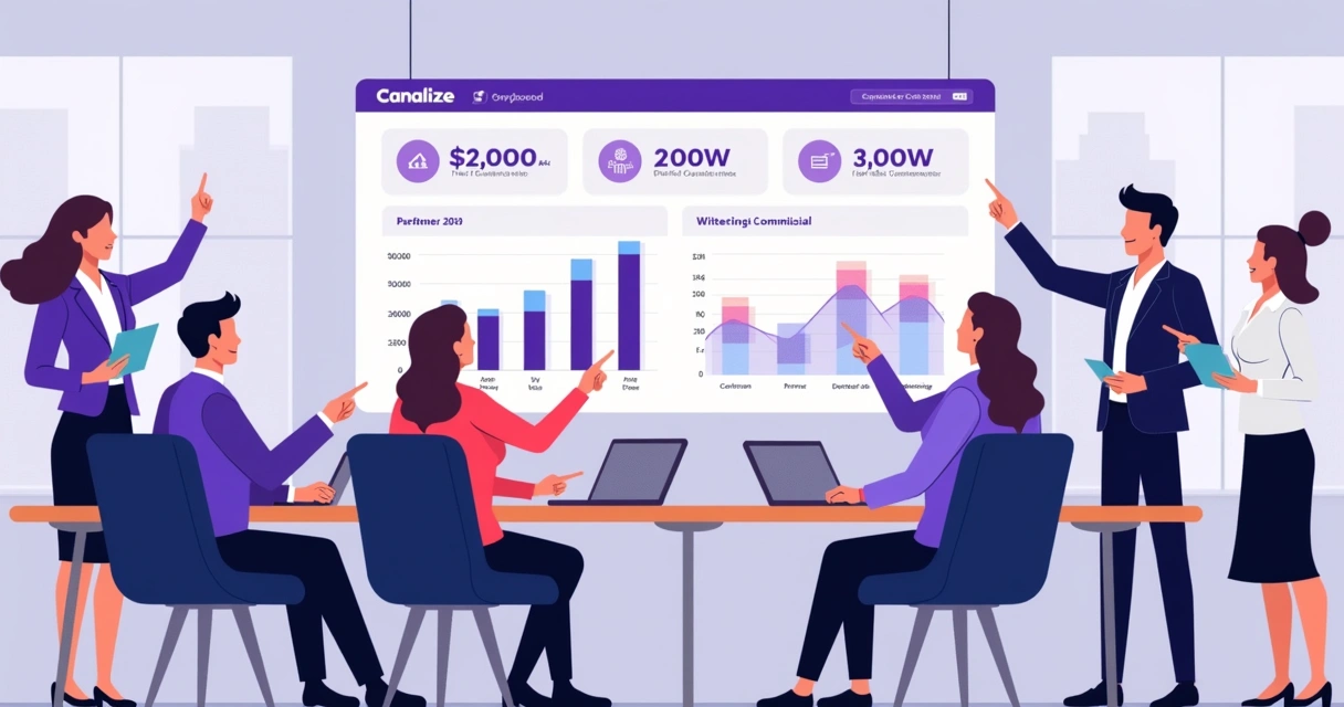 Gestores e parceiros analisando painel digital de comissões 