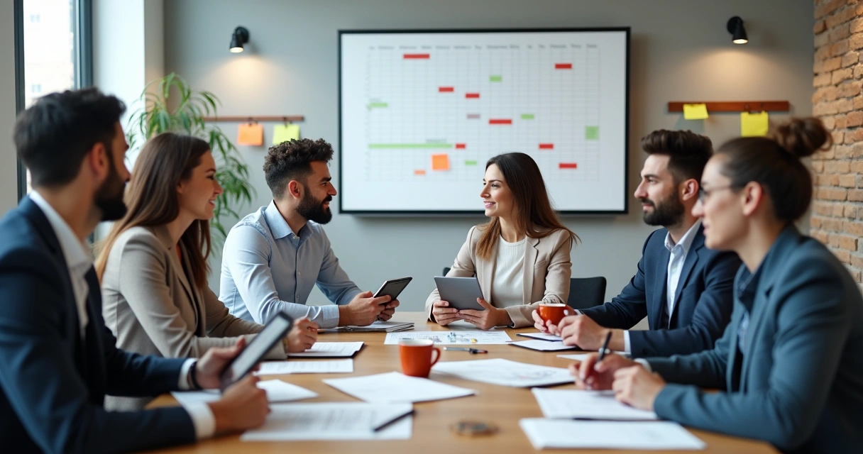 Equipe diversa reunida em mesa discutindo planejamento 