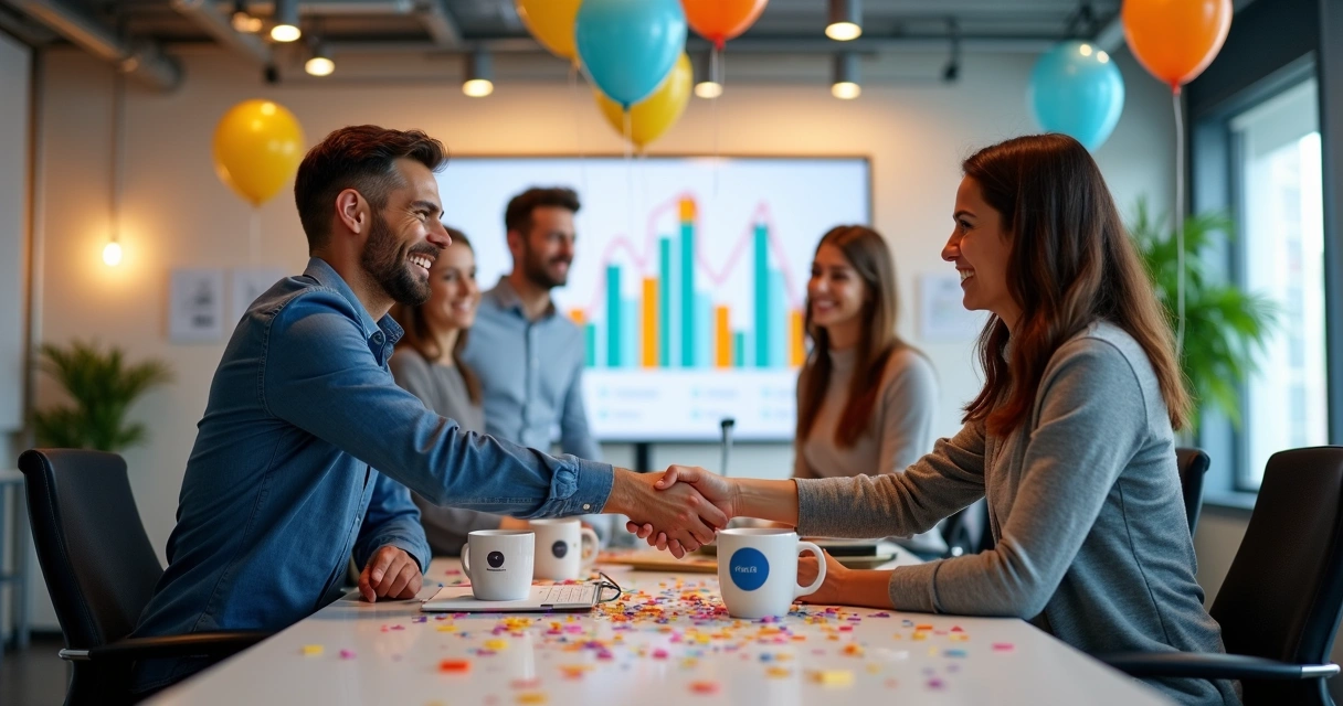 Equipe da empresa comemorando parceria de sucesso com cliente após venda