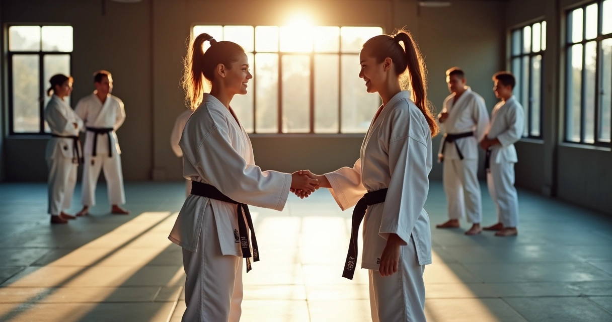 Parceiros de artes marciais se cumprimentando no tatame após o treino 