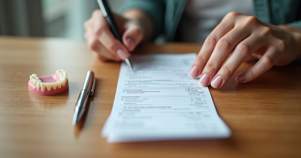 Mão segurando boleto odontológico sobre mesa com prótese dentária e caneta