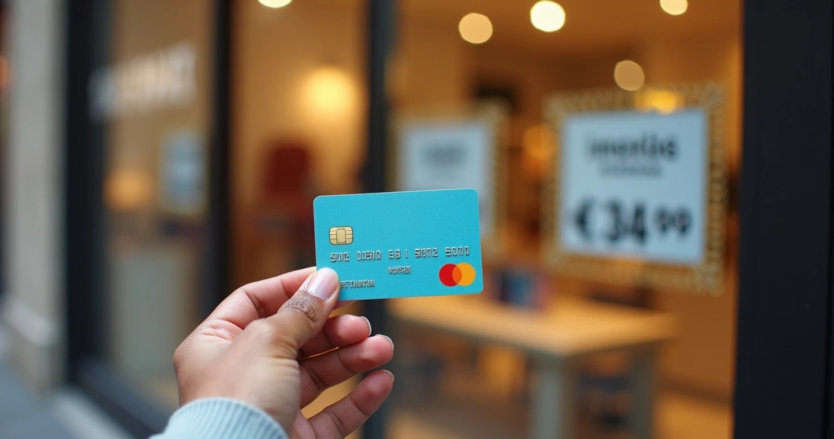 Pessoa segurando cartão de loja em frente a vitrine com produtos parcelados 