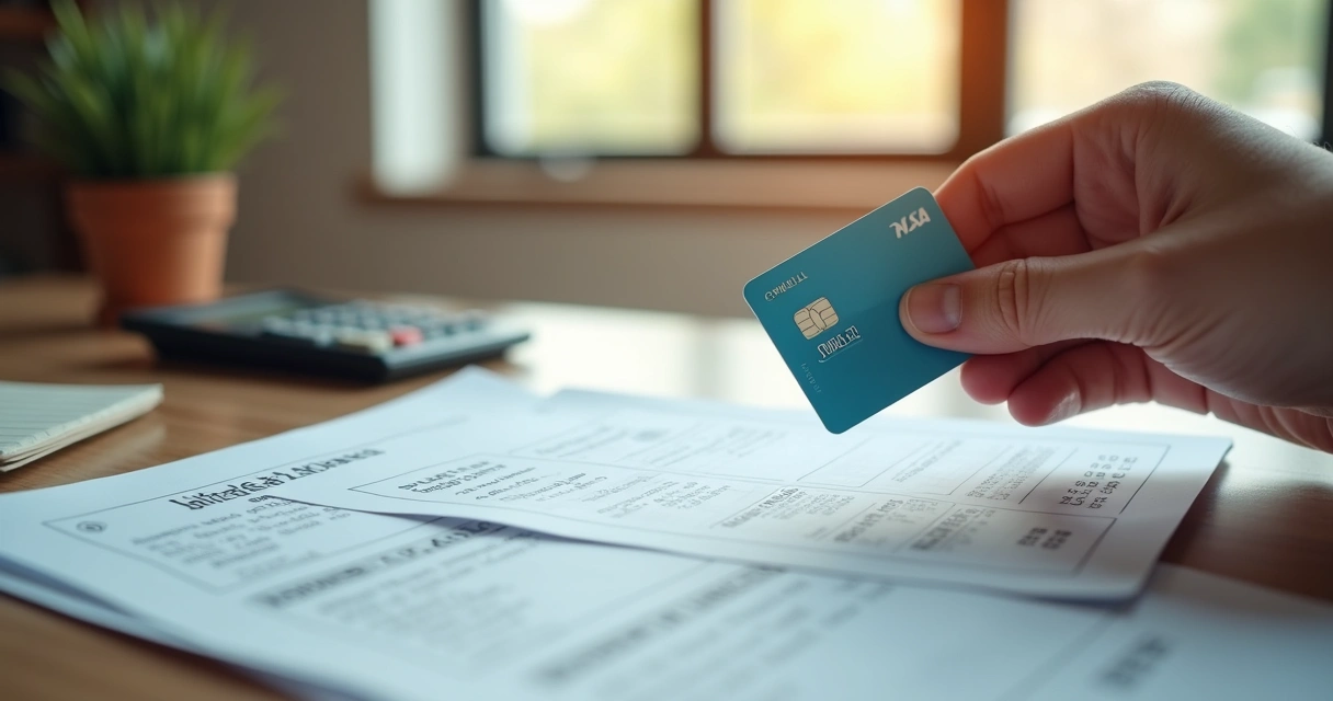 Mão segurando cartão de crédito sobre várias contas de consumo empilhadas 