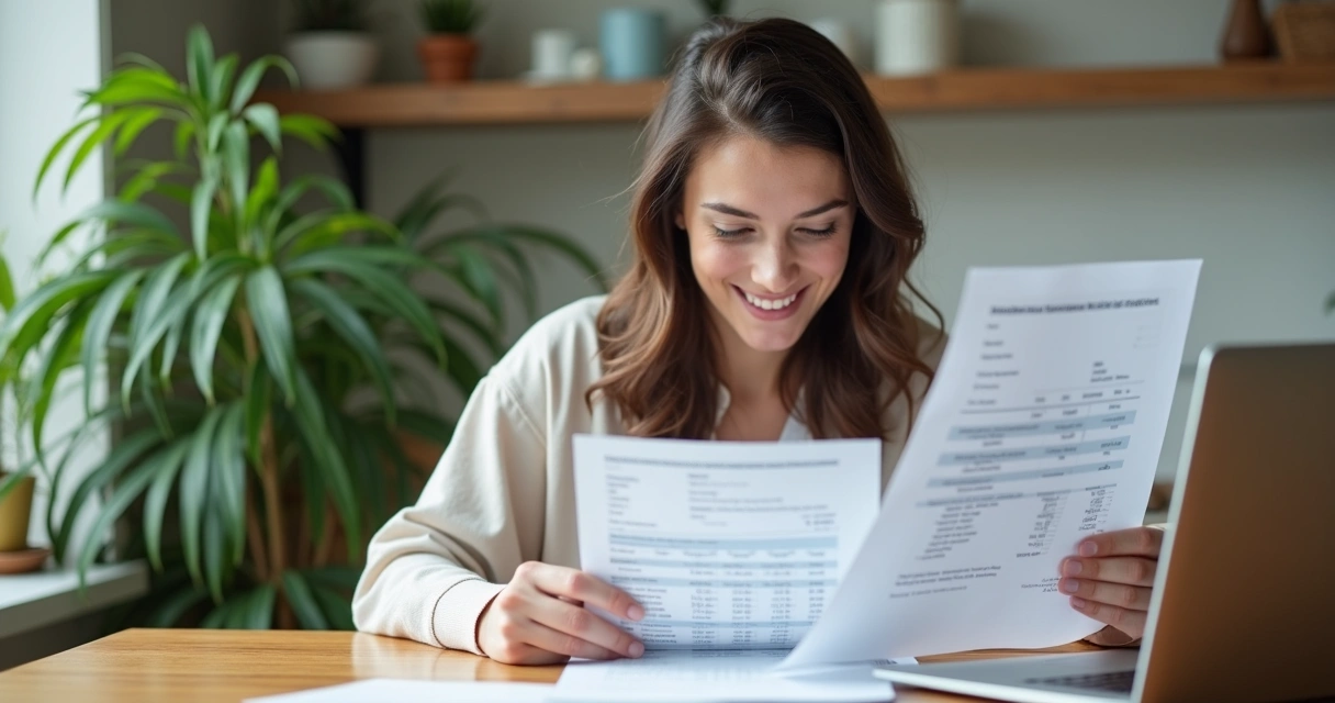 Pessoa analisando boletos dentários com sorriso discreto