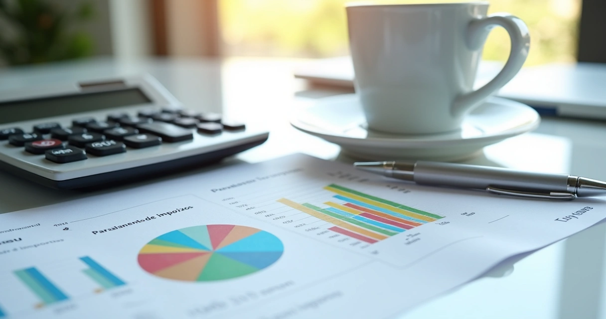 Calculadora financeira, barras de gráficos coloridas e planilha de impostos sobre uma mesa 