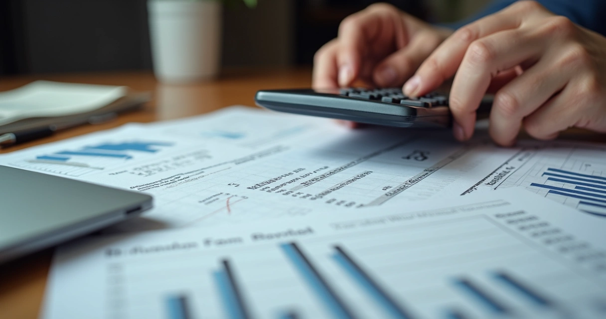 Mãos segurando uma calculadora sobre documentos fiscais e gráficos de finanças em mesa de escritório 