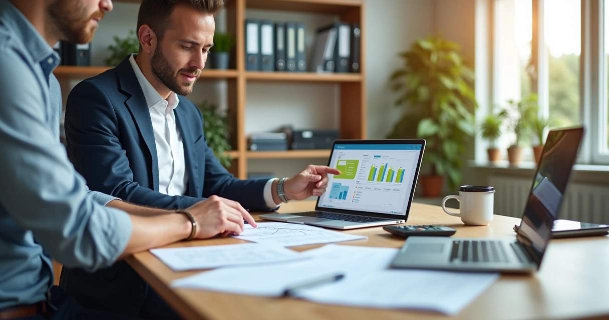 Empresário revendo parcelamento de impostos com contador em escritório moderno 