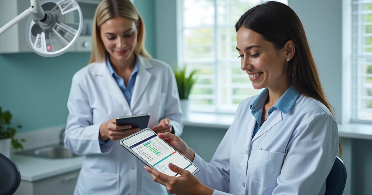 Dentista explicando opções de parcelamento para paciente na clínica 
