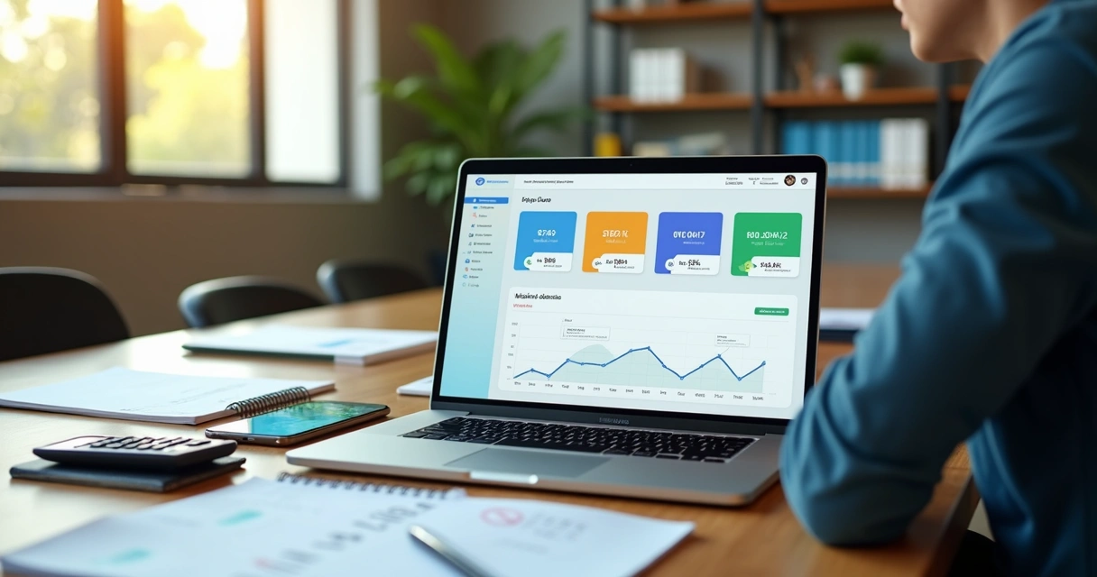 Empresário analisando opções de parcelamento de boletos no notebook com gráficos financeiros 