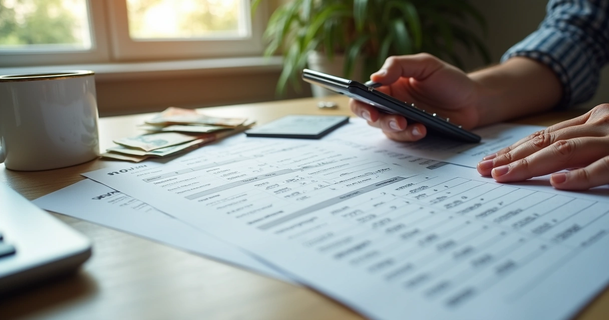 Várias contas e boletos espalhados sobre a mesa com notas de dinheiro ao lado