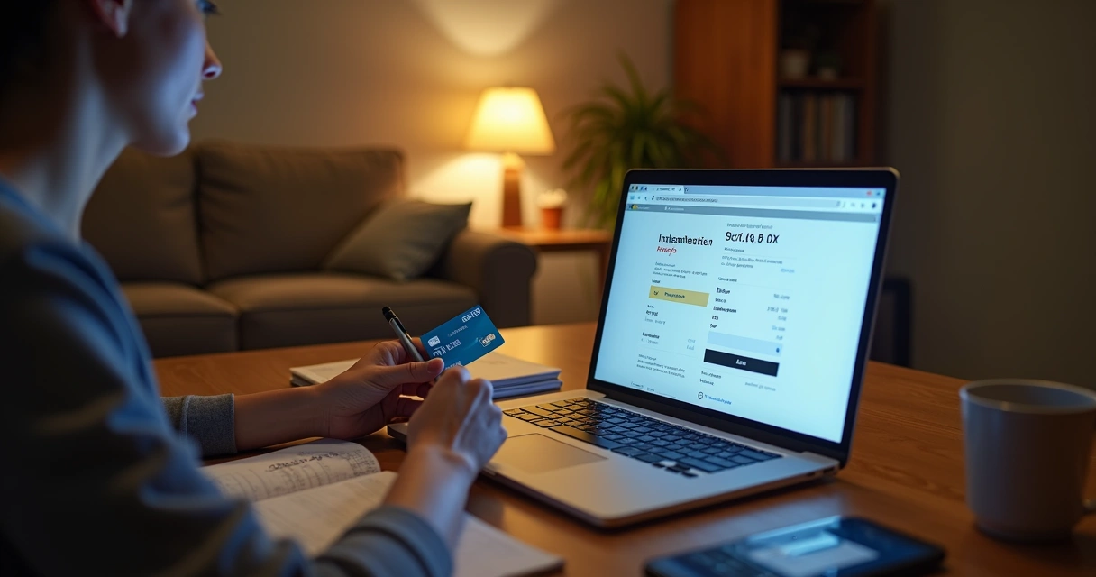 Pessoa segurando cartão de crédito analisando parcelas em tela de notebook com compras ao redor 