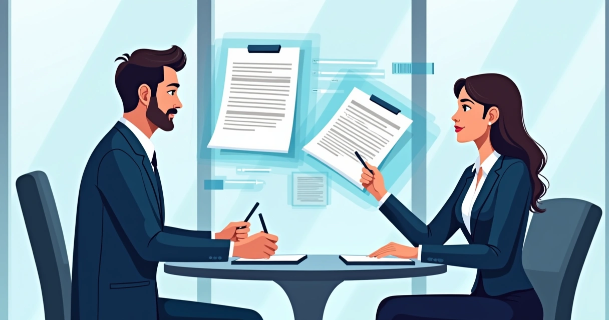 Dois advogados discutem cláusulas de contrato em mesa redonda digital 