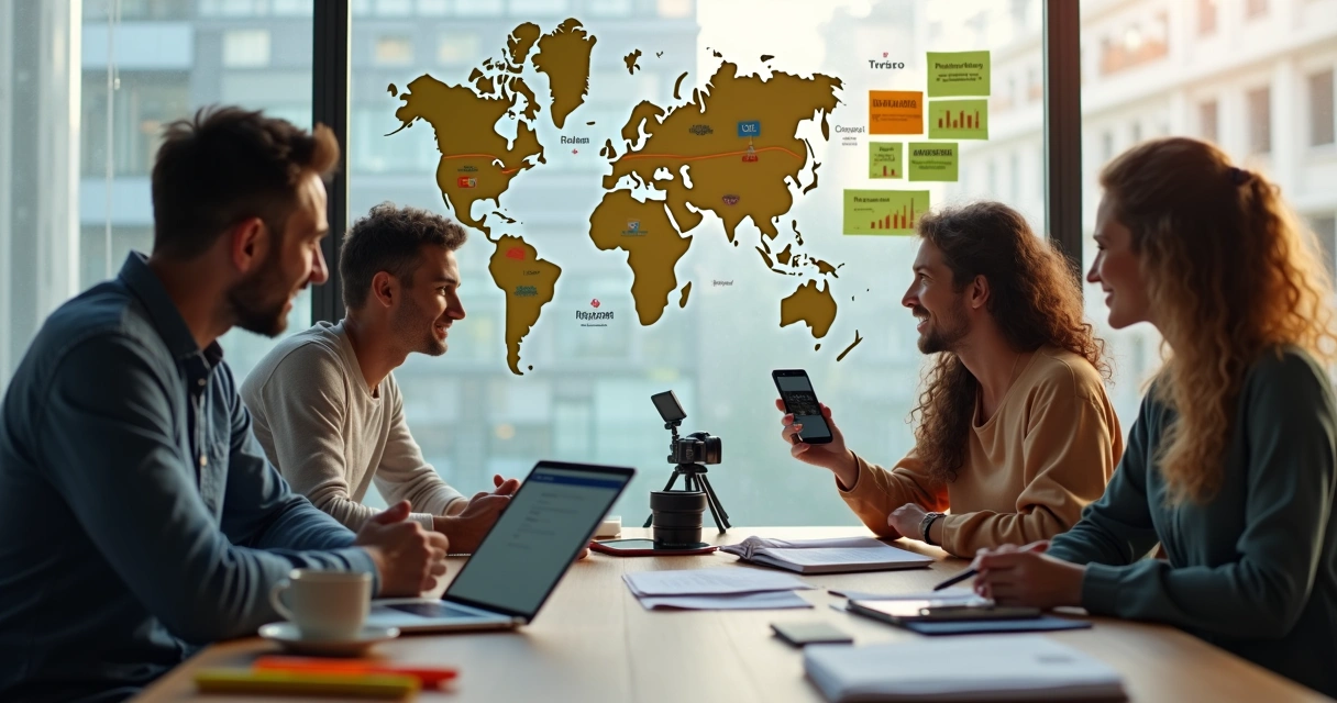 Reunião entre agência de viagens e influenciador planejando ações de turismo conjunto 