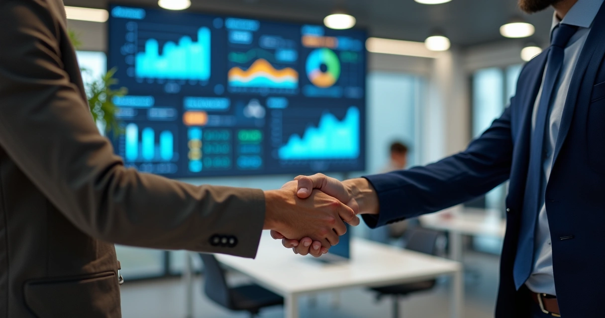 Aperto de mãos entre profissionais em ambiente de agência digital com elementos tecnológicos ao fundo