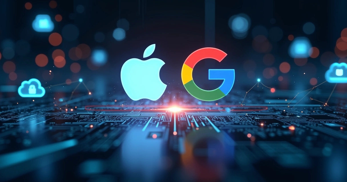 Ilustração realista com logos da Apple e Google conectados por linhas digitais, junto a elementos visuais de inteligência artificial e nuvem privada 