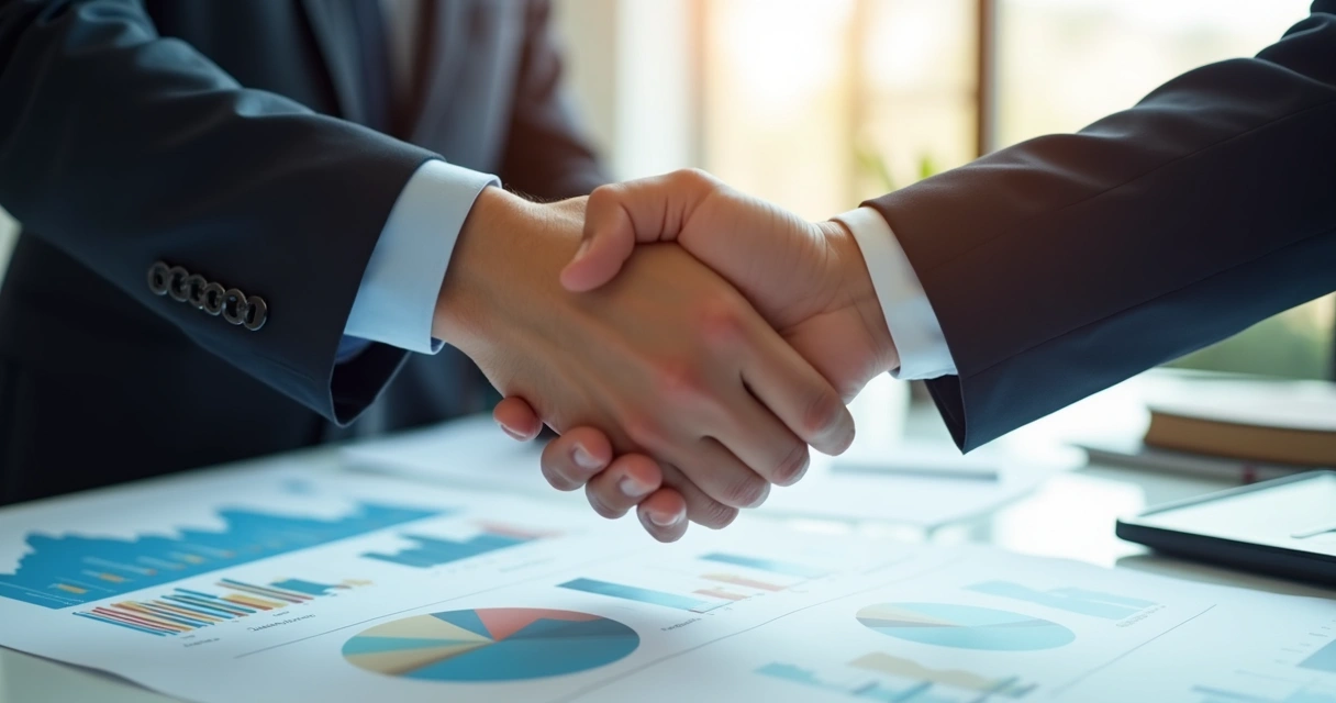 Business partnership handshake with digital marketing charts 