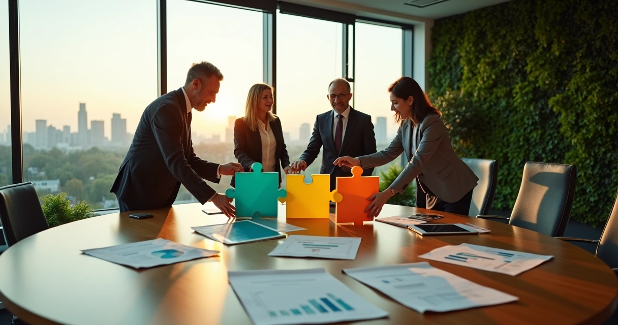 Executivos em mesa redonda conectando peças de quebra-cabeça coloridas 