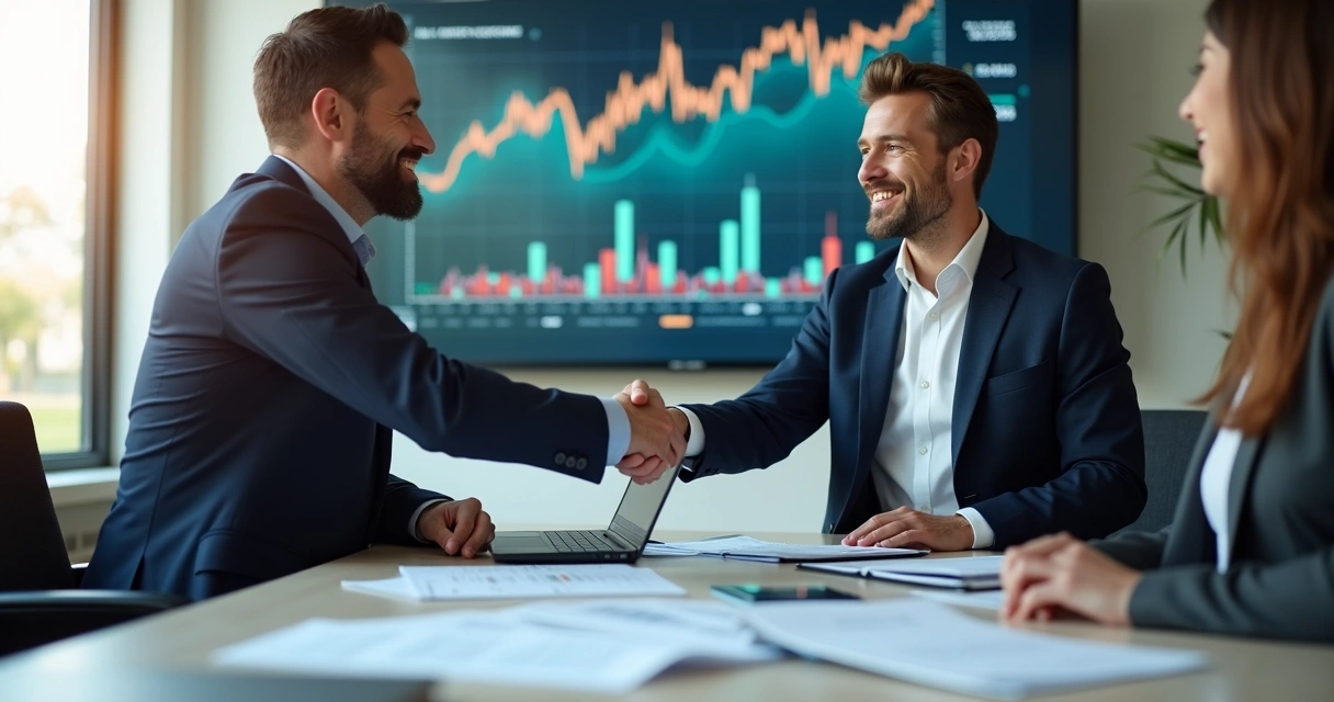 Aperto de mãos entre dois profissionais de finanças em escritório moderno