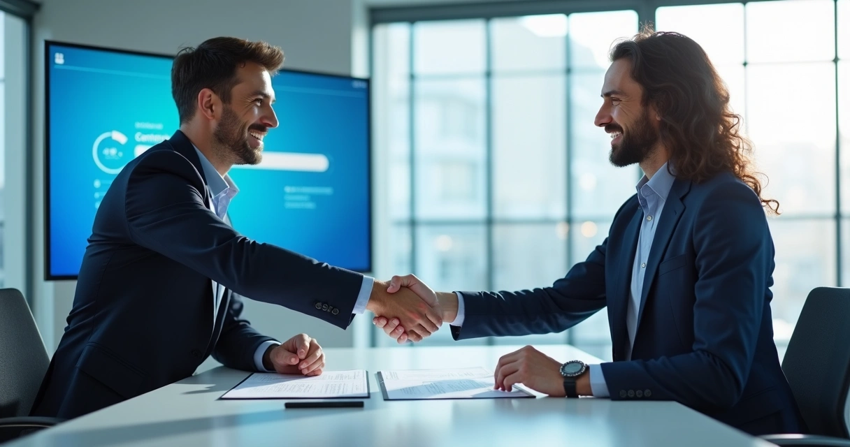 Aperto de mãos entre profissional jurídico e consultor em um escritório moderno 