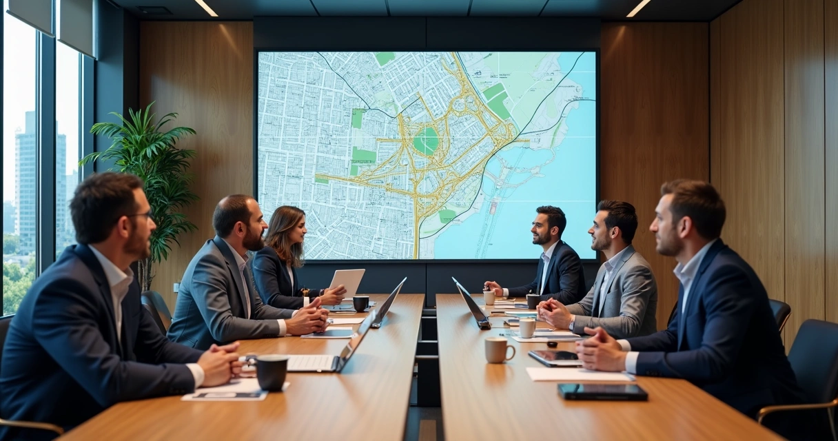 Equipe de startup em reunião na prefeitura, mapa da cidade ao fundo