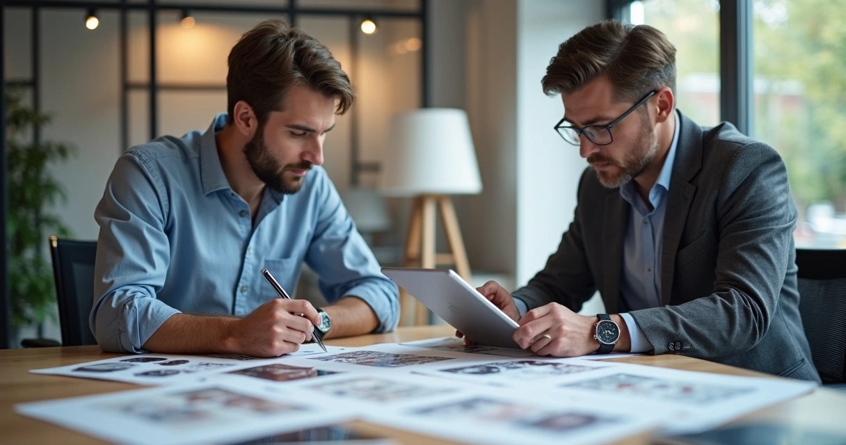 Profissionais de gráfica e cliente conversando em ambiente de escritório