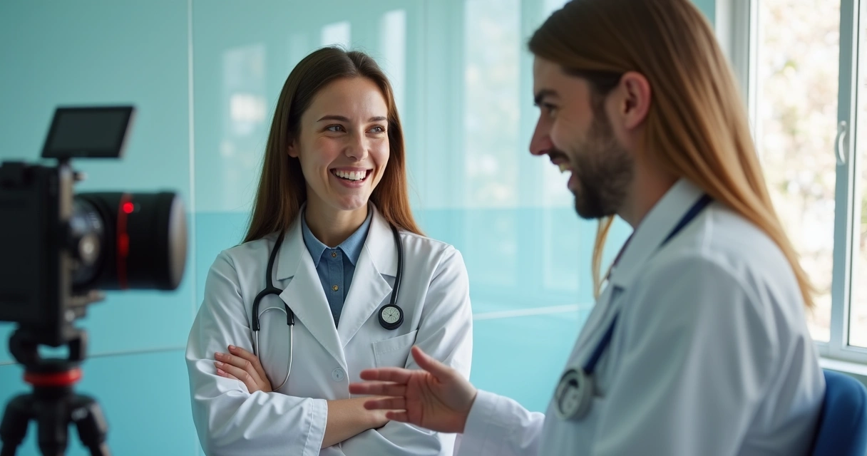 Médico e influenciadora gravando vídeo juntos em clínica 