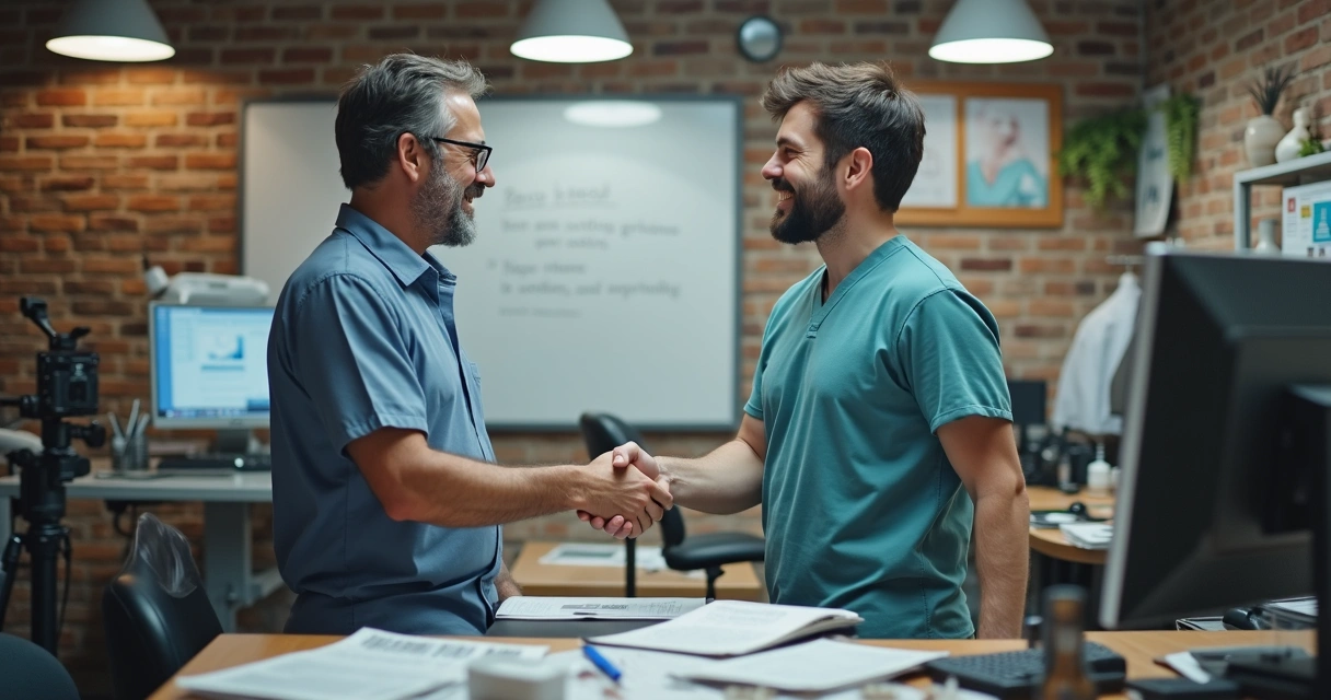 Dentista apertando a mão de jornalista em redação de jornal local