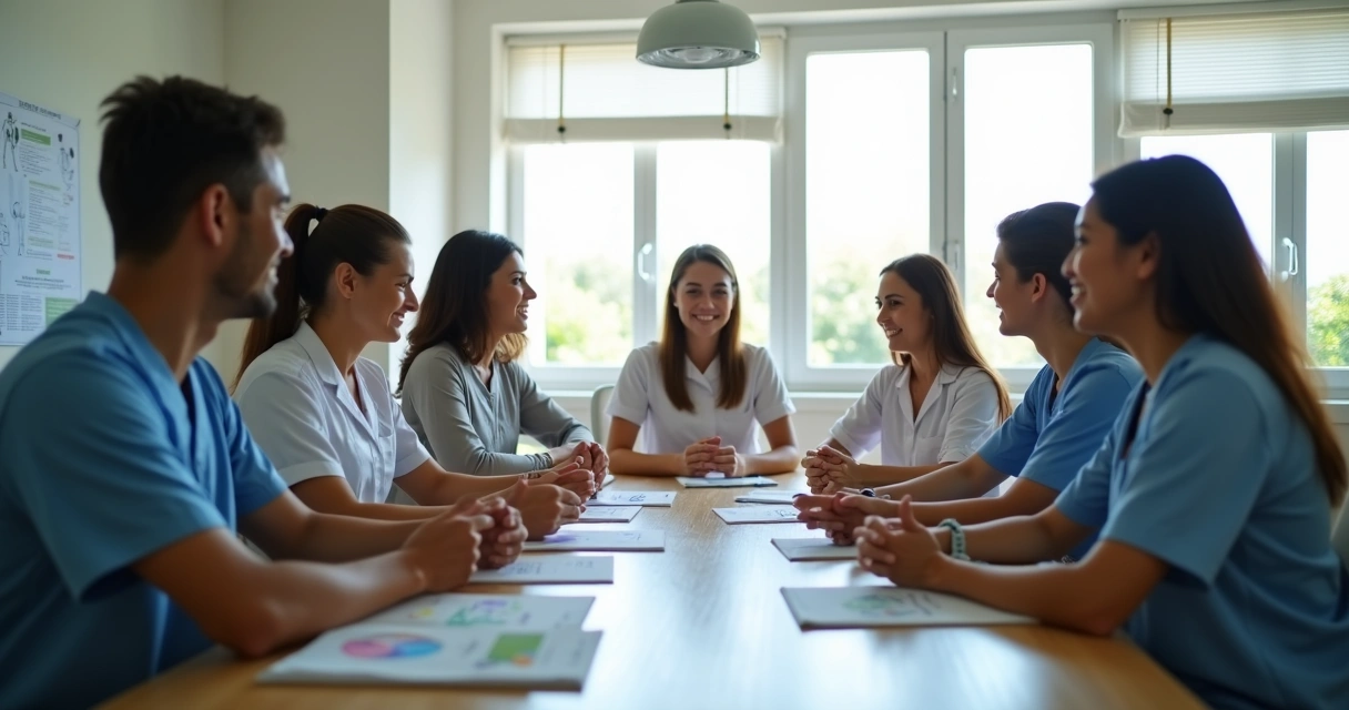 Reunião de profissionais da saúde e educação na clínica