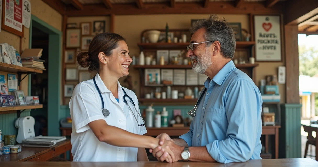 Dentista apertando a mão de comerciante local dentro de comércio pequeno