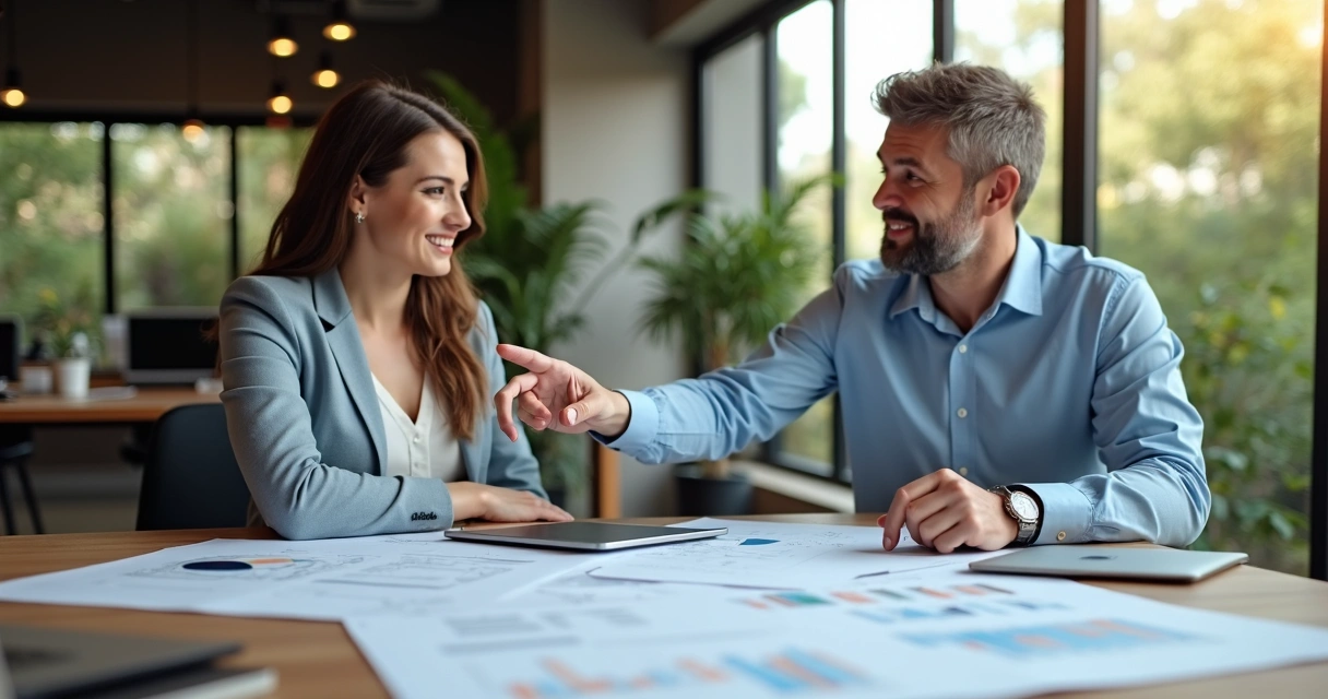 Profissional orientando empresário sobre regulamentos em um ambiente corporativo 