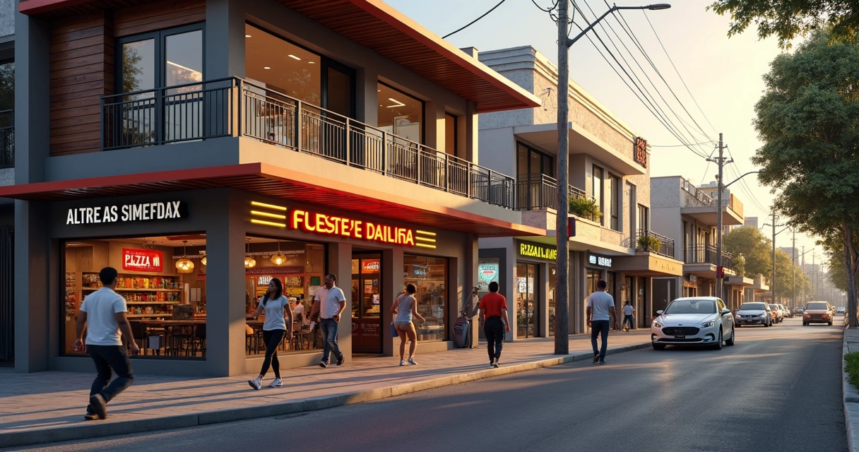 Comércios vizinhos trocando clientes em rua comercial 