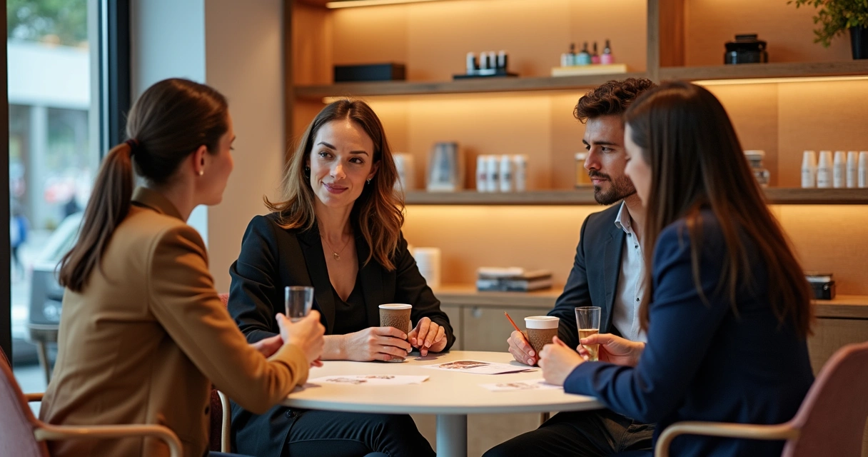 Profissionais de salão e comércio local discutindo parceria 