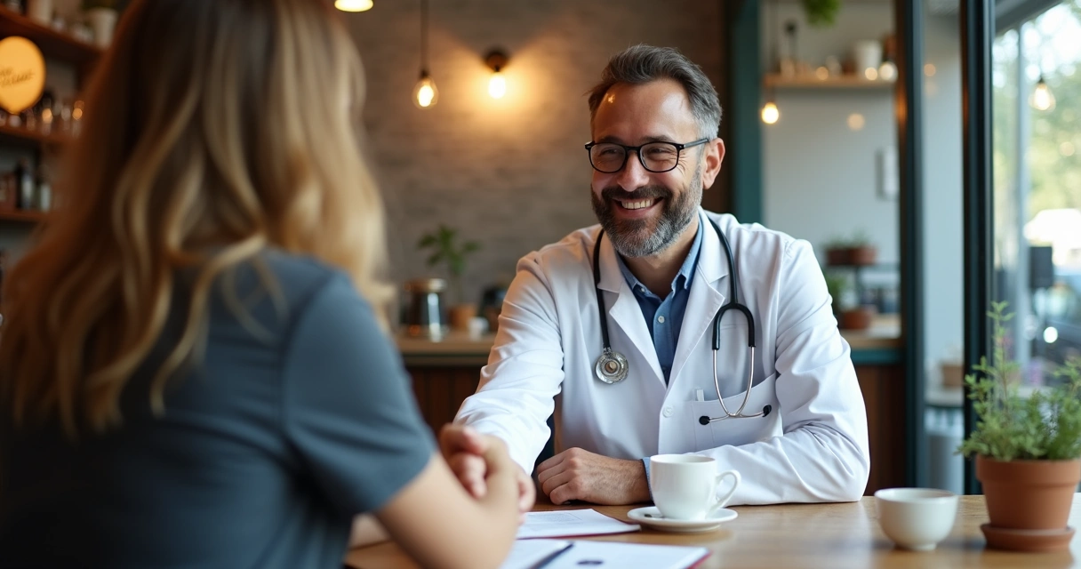 Dentista conversando com dono de café local, agenda e xícaras na mesa