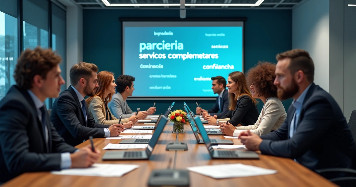 Equipe de escritório reunida fechando parceria para serviços complementares. 