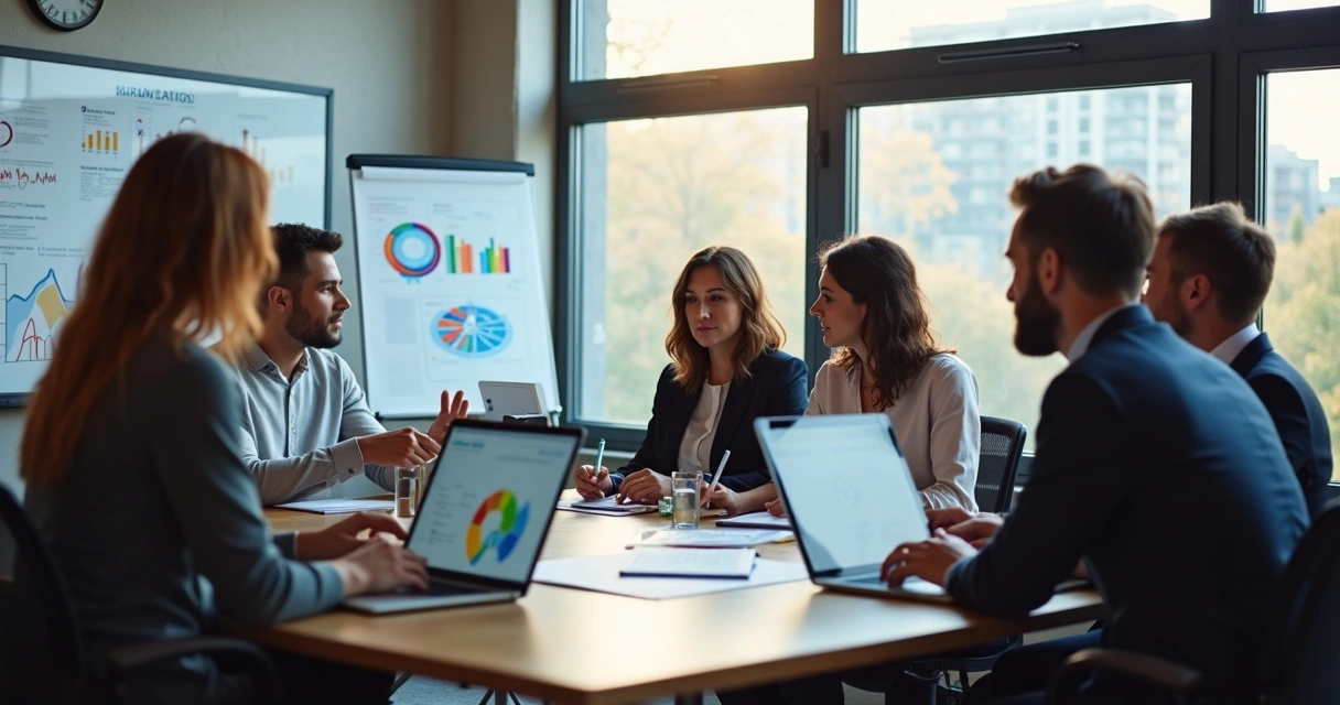 Profissionais em reunião colaborativa com laptops analisando gráficos 