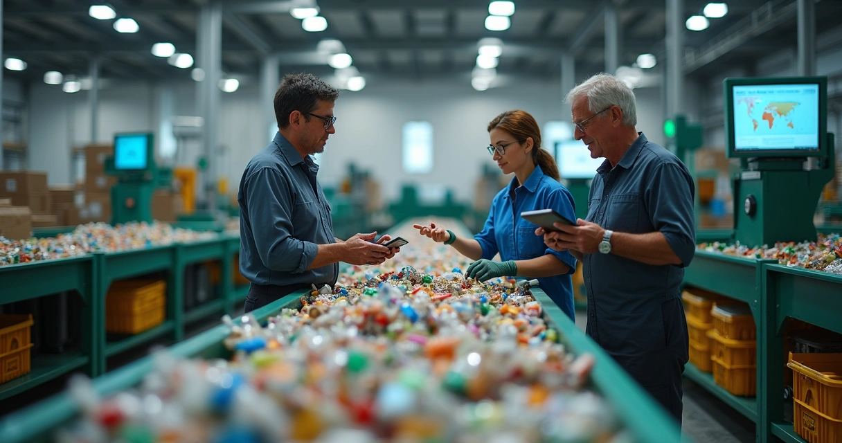 Cooperativa de reciclagem trabalhando com tecnologia na triagem de resíduos 