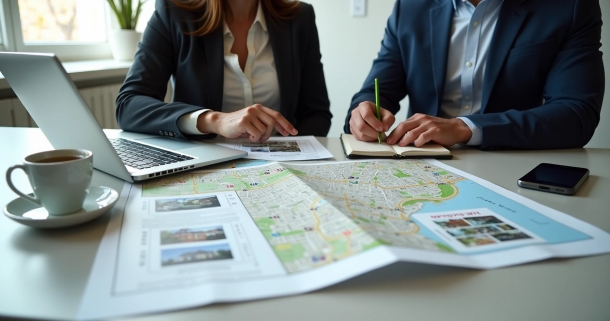 Dois corretores analisando imóveis em mapa e notebook 