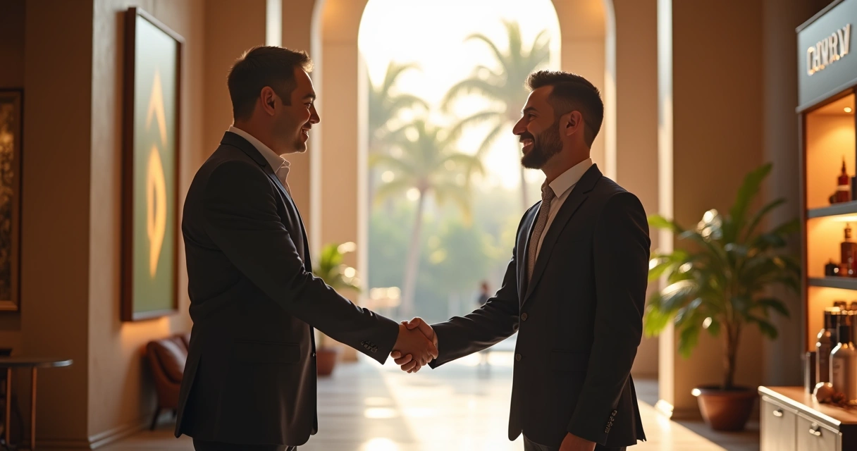 Equipe de colaboradores de resort ao lado de parceiros de marca, apertando as mãos em frente ao lobby 