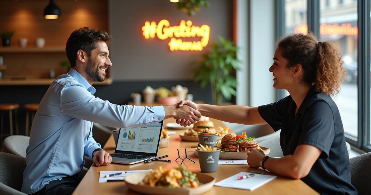 Influenciador e dono de delivery apertando as mãos em uma reunião cercada por comida e redes sociais 