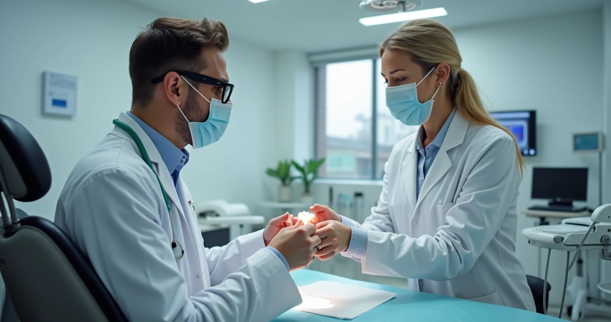 Dentista cumprimentando fornecedor em consultório 