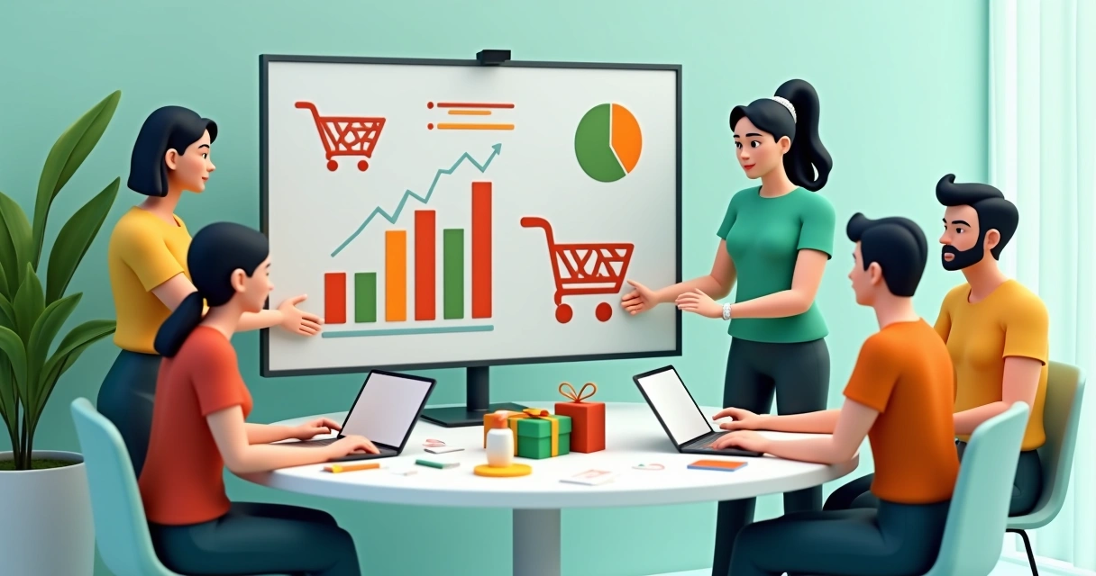 7 setores que mais crescem com parcerias no Brasil Colaboração entre parceiros de e-commerce discutindo dados de vendas em ambiente digital