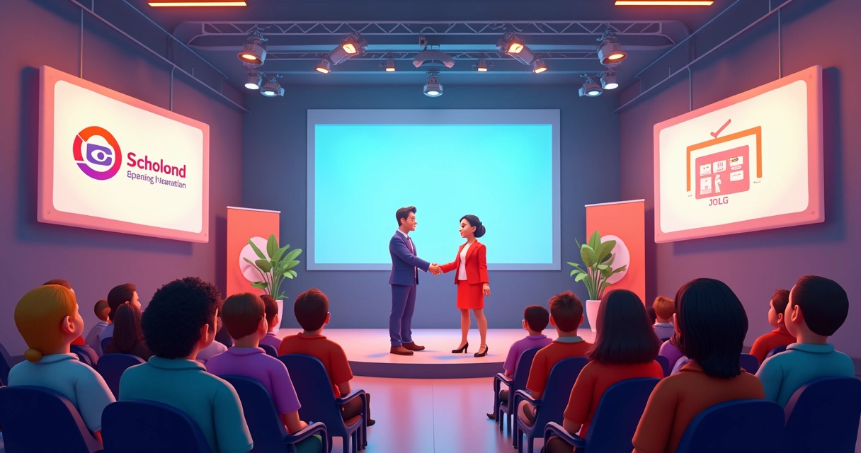 Evento educacional com representantes de escola e empresa dando as mãos no palco 