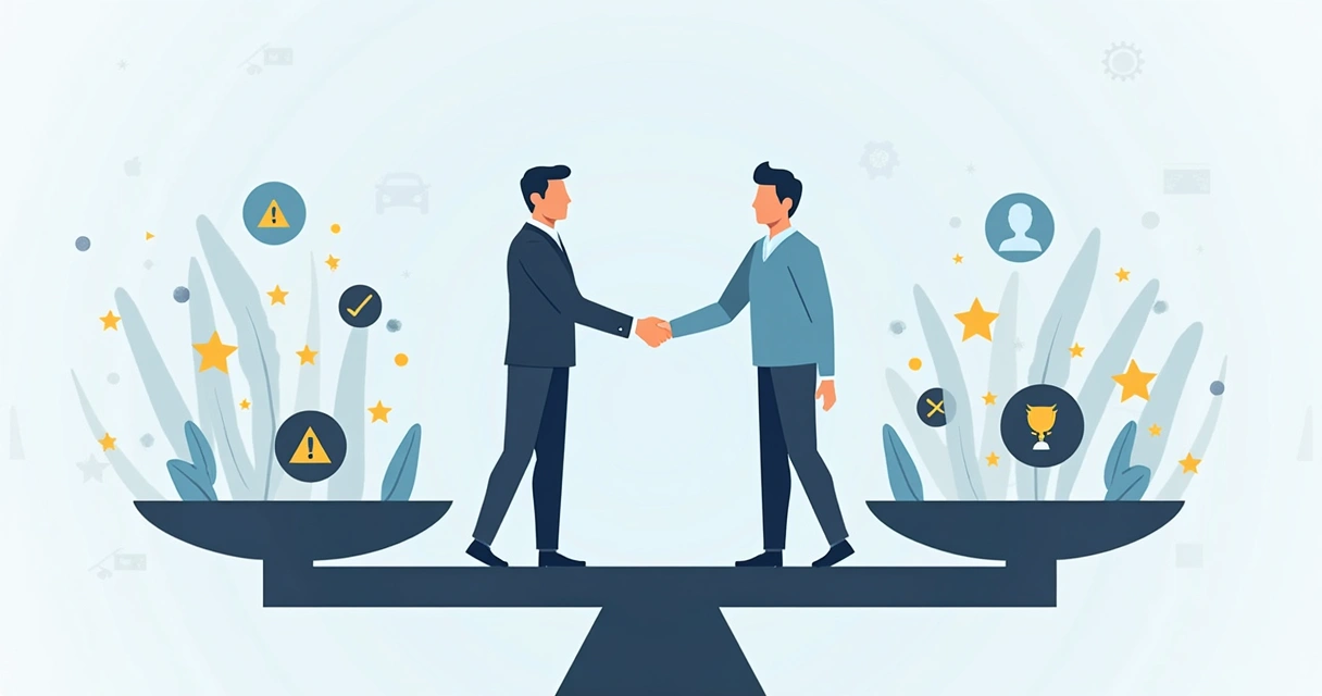 Ilustração de duas pessoas apertando as mãos enquanto equilibram uma balança; cada lado tem ícones de risco e oportunidade.